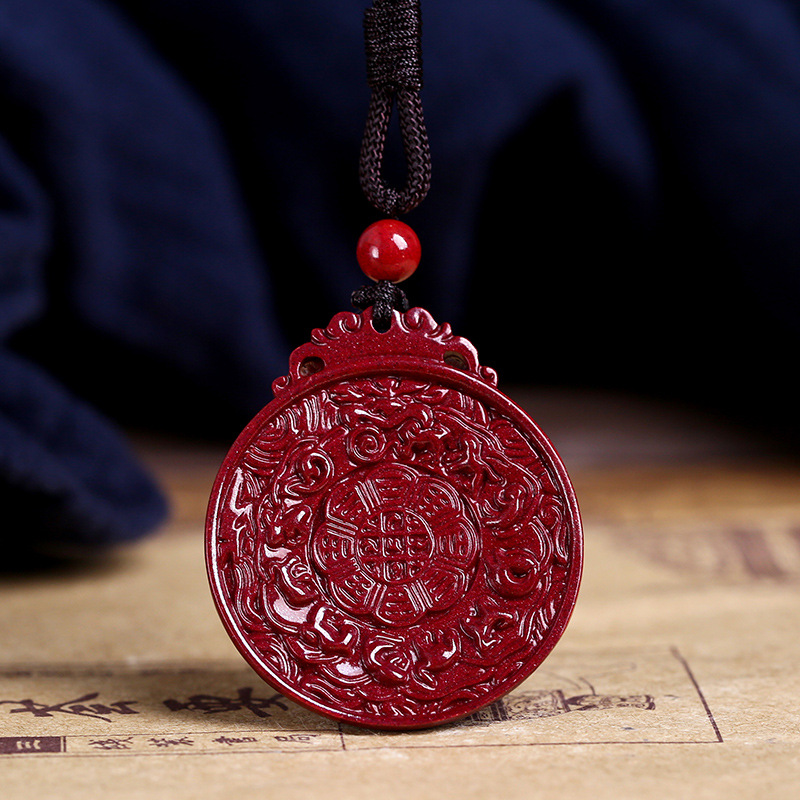 Natural cinnabar safety pendant with twelve zodiac safety buckles, Chinese mysterious magic formation - Nine Palaces and Eight Trigrams pendant