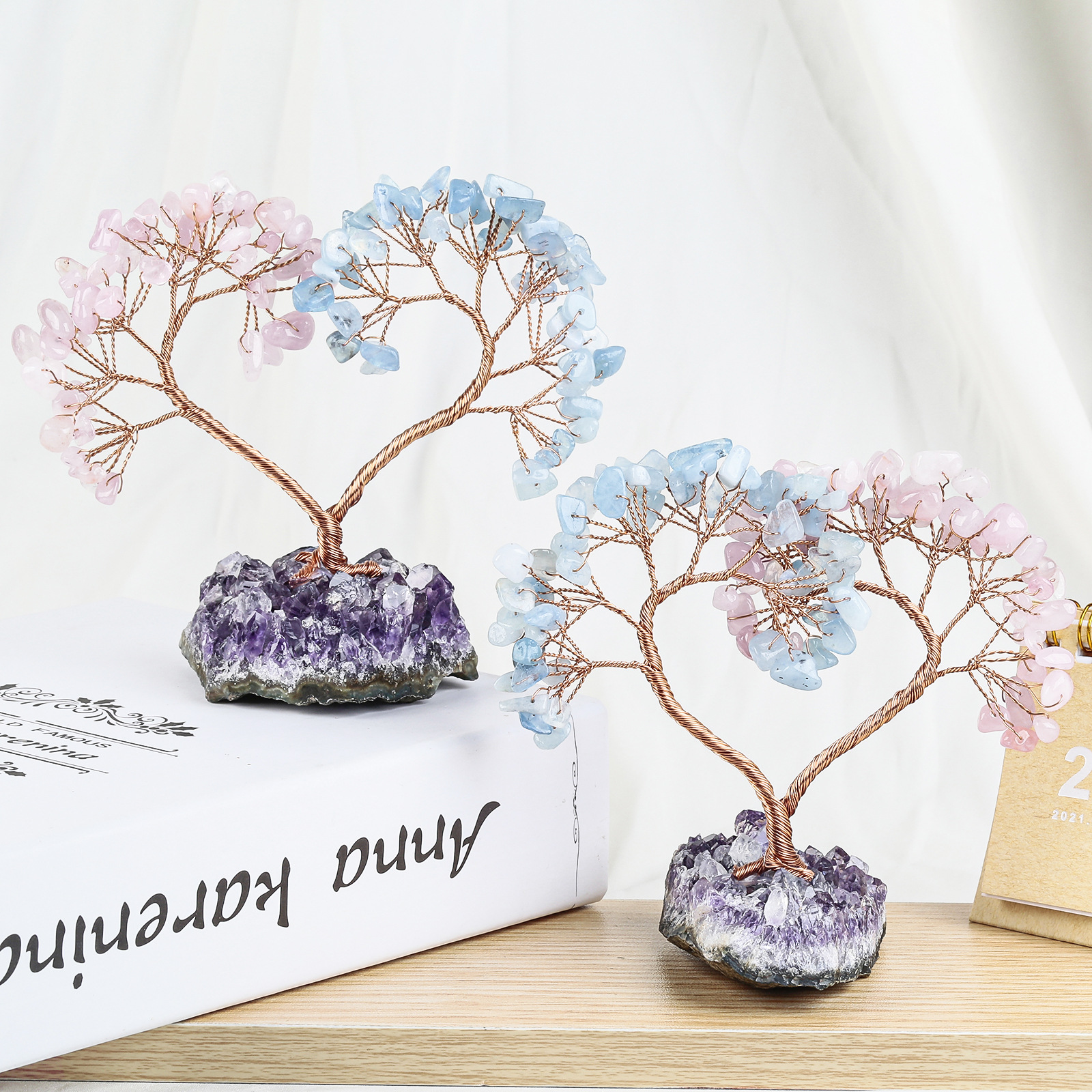 Natural crystal tree, heart-shaped tree for enhancing good luck and love, wishing tree for home decoration