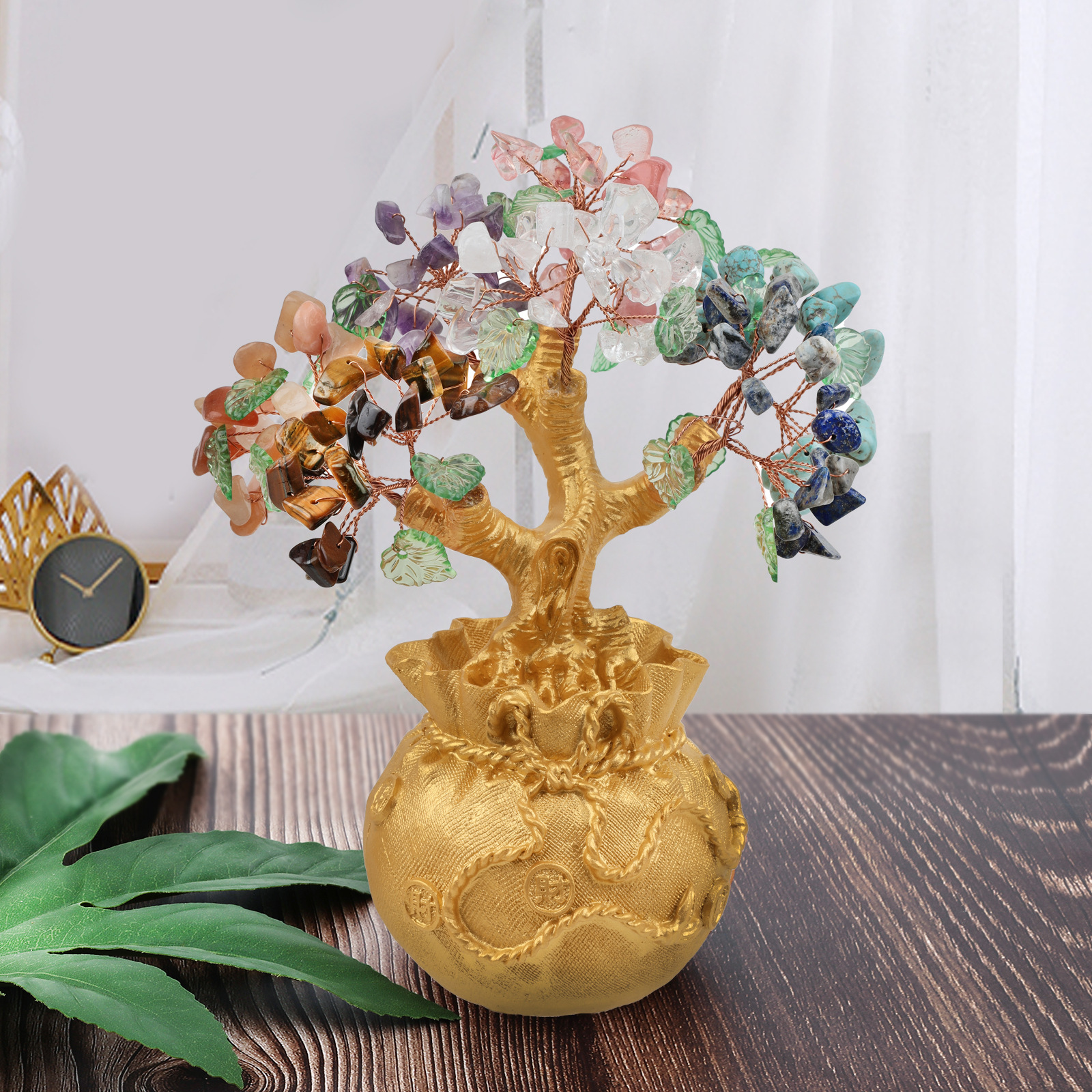 Natural Wealth Crystal Tree, Gold Money Bag Base Wishing Tree Home Decoration