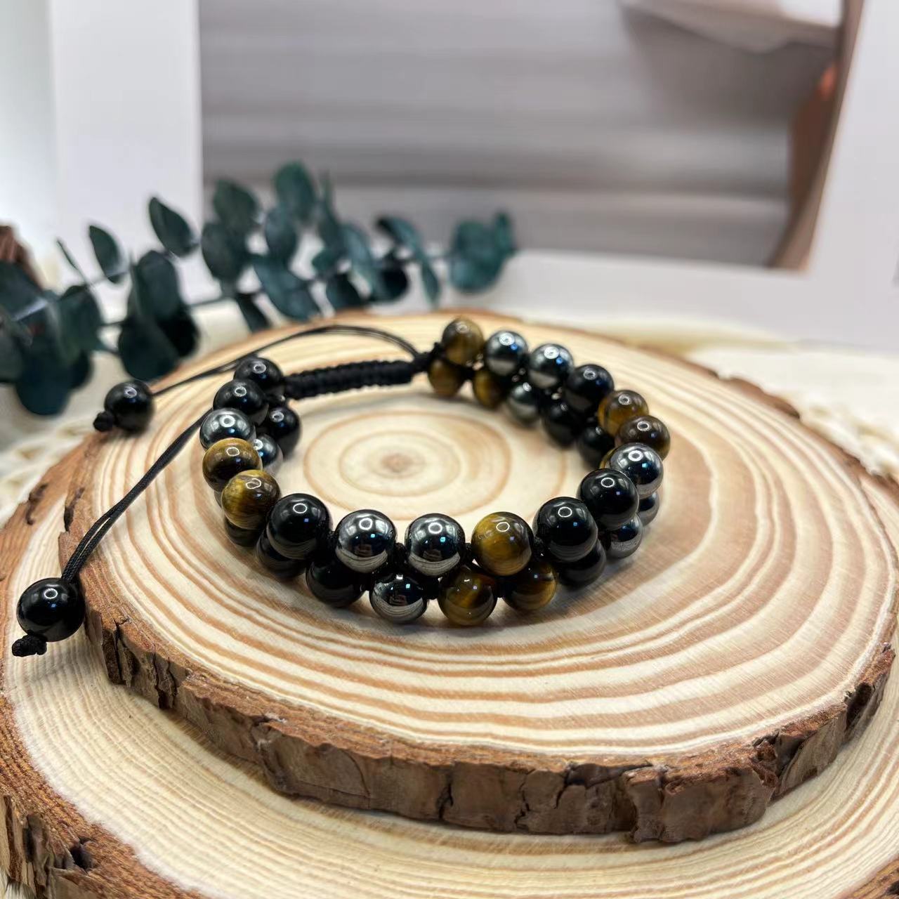 Natural Tiger Eye Obsidian Bracelet - Energy Protection Double Obsidian Yoga Beads