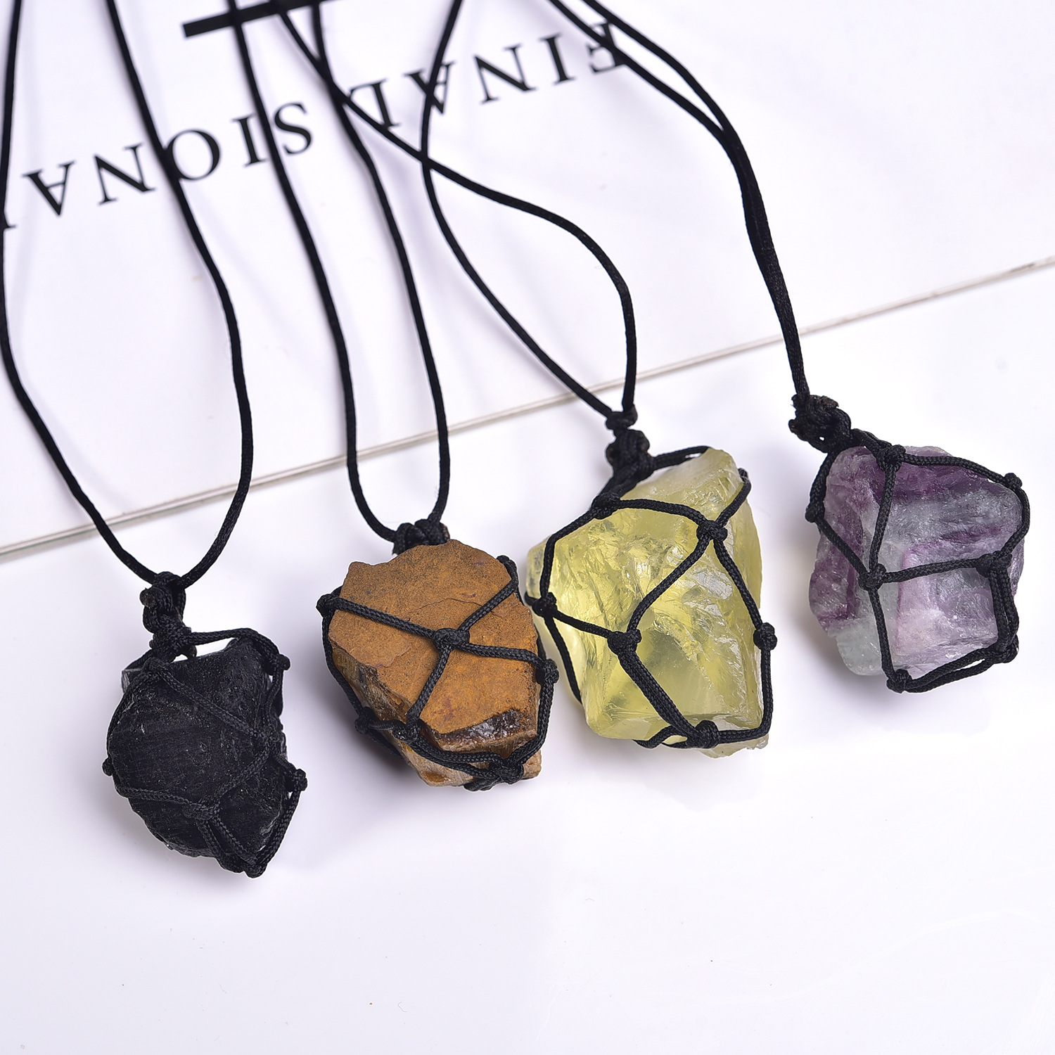 Natural Lucky Crystal Pendant - Hand-woven Crystal Rough Stone Mesh Pocket Necklace