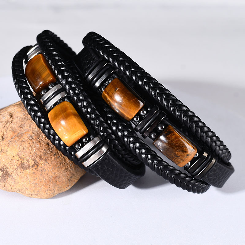 Natural Lucky Tiger's Eye Stone Bracelet - Men's Multi-layer Rope Leather Bracelet