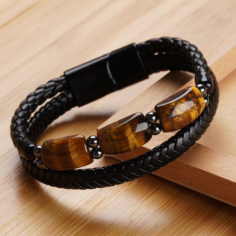 Natural Wealth Energy Double Tiger's Eye Stone Head Bracelet - Head Leather Rope Bracelet