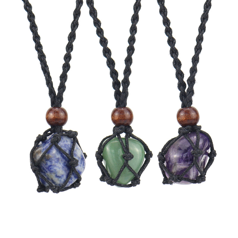 Lucky Natural Crystal Rough Stone Necklace - Black Mesh Pocket Handwoven Necklace