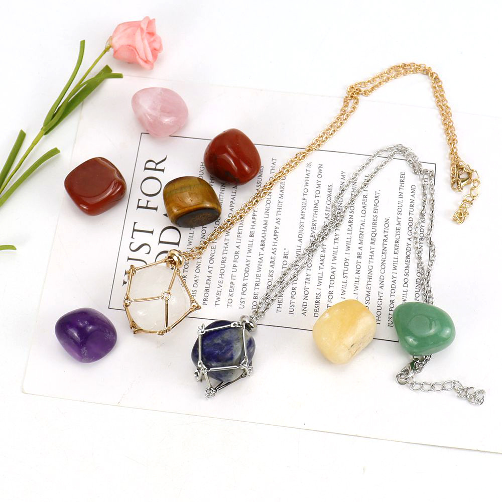 Natural Lucky Crystal Rough Stone Necklace - Gold Stainless Steel Metal Bamboo Mesh Pocket