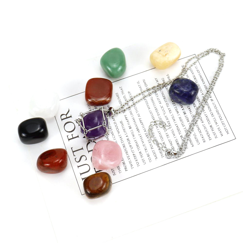 Natural Lucky Crystal Rough Stone Necklace - Silver Stainless Steel Metal Bamboo Mesh Pocket