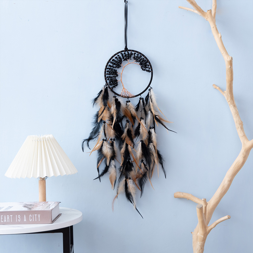 Natural Obsidian Tree of Life Dream Catcher Pendant Ornament - Percy Feather Decorative Pendant