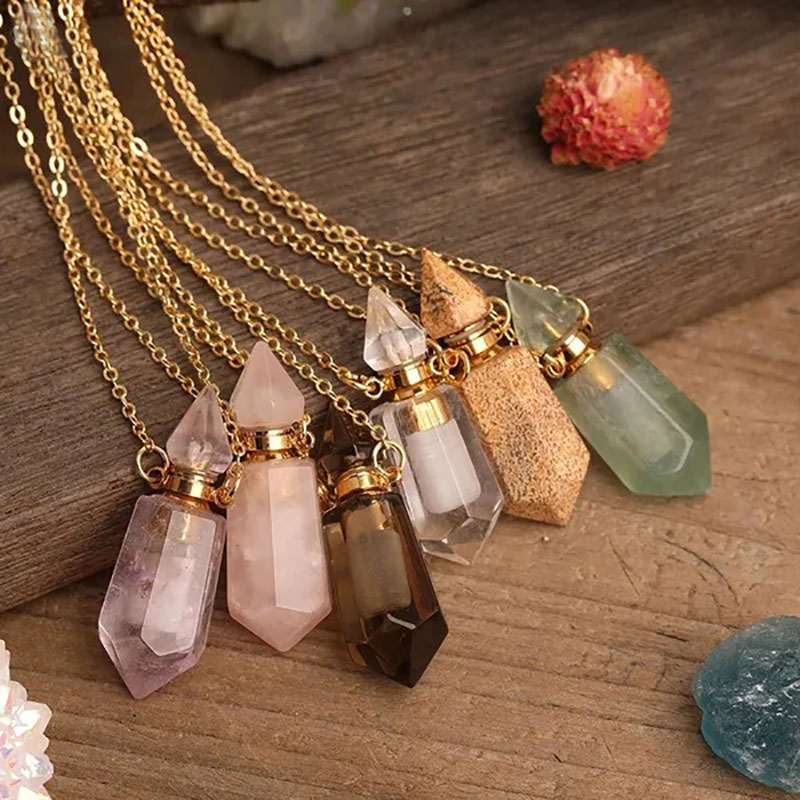 Natural Crystal Perfume Bottle Pendant Necklace - Hexagonal Crystal Essential Oil Diffuser Perfume Wishing Bottle