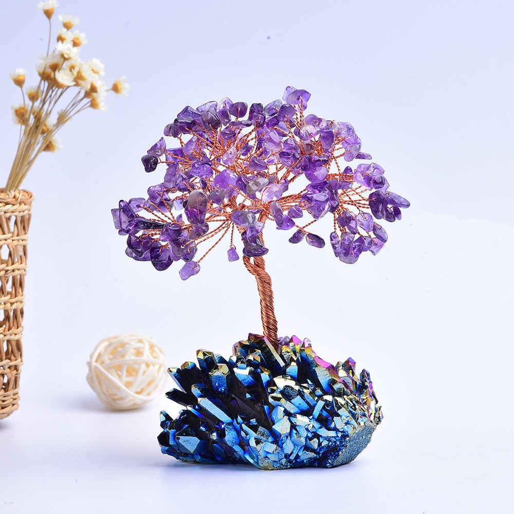 Natural Purple Crystal Tree with Quartz Cluster Titanium Crystal Base - Enhance Wealth Feng Shui Energy